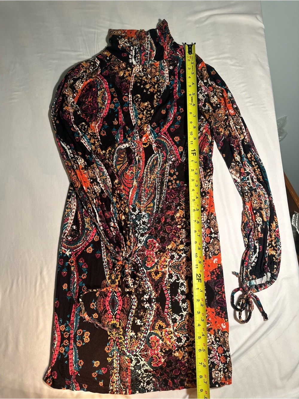 Free People Black Multi Paisley-Print Mock Neck Mini Dress with Cut-Out Back, M - Picture 2 of 8